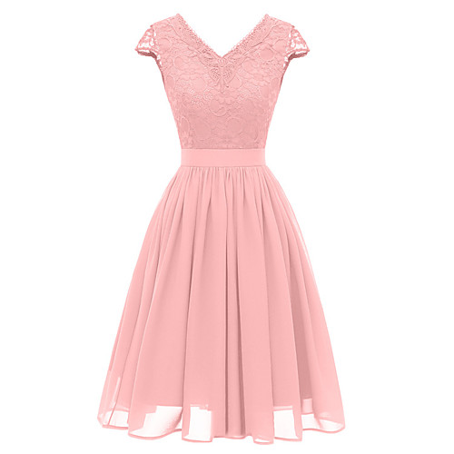 

A-Line Minimalist Elegant Party Wear Cocktail Party Dress V Neck Short Sleeve Short / Mini Lace with Pleats 2021