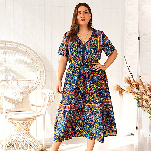 

Women's A-Line Dress Midi Dress - Short Sleeve Floral Ruffle Ruched Print Summer V Neck Plus Size Casual Slim 2020 Blue Red Blushing Pink Green XL XXL 3XL 4XL