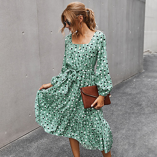 

Women's A Line Dress Midi Dress Red Light Green Navy Blue Long Sleeve Polka Dot Patchwork Print Fall Square Neck Hot Elegant 2021 S M L XL