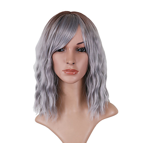 

Synthetic Wig Loose Curl Asymmetrical With Bangs Wig Medium Length Grey Synthetic Hair 14 inch Women's Comfortable Exquisite Fluffy Dark Gray