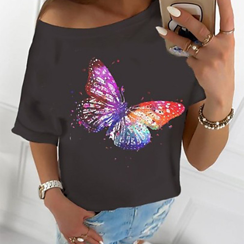 

Women's T shirt Butterfly Print Round Neck Tops Basic Basic Top Black Purple Wine