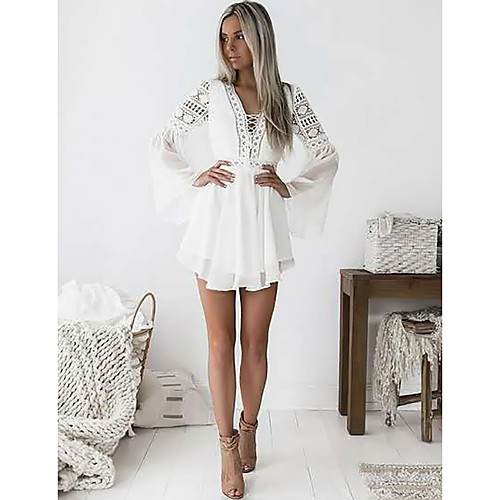 

Women's A Line Dress Short Mini Dress White Black Long Sleeve Solid Color Mesh Lace Patchwork Summer V Neck Hot Elegant 2021 S M L XL XXL