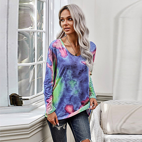 

Women's T shirt Tie Dye Long Sleeve Print Round Neck Tops Basic Basic Top Blue Green