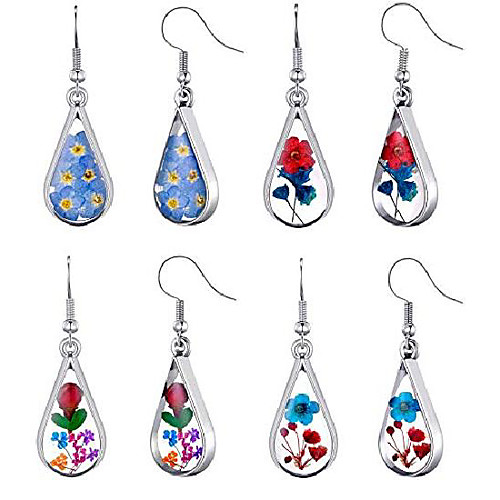 

4 pairs multicolor pressed flower earrings for women dangling -natural pressed flower dangle earrings for women- lightweight danlge drop earring for women- small dangle earrings for teen girls