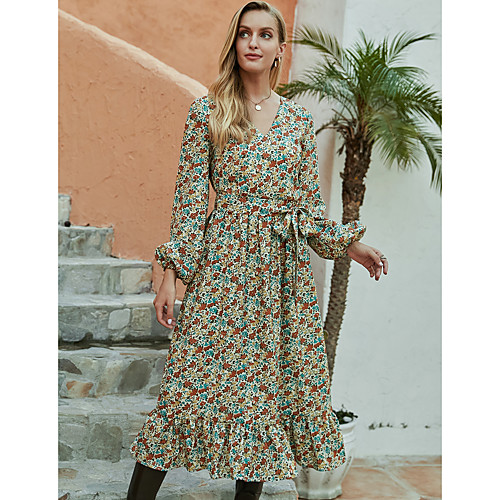 

Women's A Line Dress Midi Dress Green Long Sleeve Floral Ruffle Print Fall Winter V Neck Casual Lantern Sleeve 2021 S M L XL