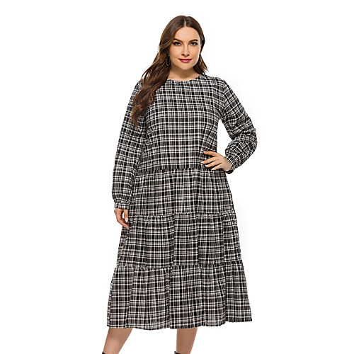 

Women's A Line Dress Midi Dress Black Long Sleeve Plaid Fall Round Neck Casual 2021 XL XXL 3XL 4XL 5XL / Plus Size