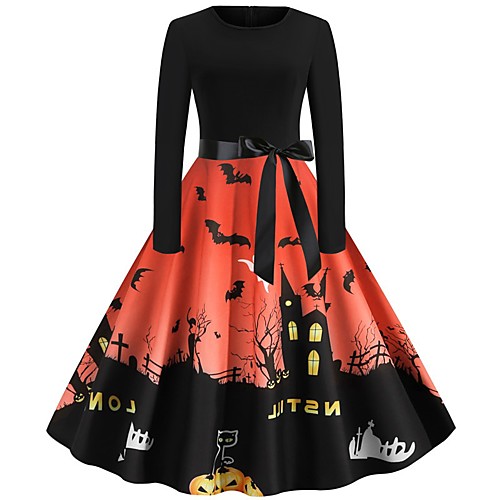 

Women's Halloween A Line Dress Knee Length Dress Blue Purple Wine Orange Green Gray Light Blue Long Sleeve Pumpkin Bat Print Patchwork Bow Print Summer Round Neck Hot Vintage 2021 S M L XL XXL