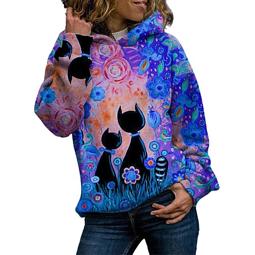 

Women's Pullover Hoodie Sweatshirt Cat Daily Other Prints Casual Hoodies Sweatshirts Cotton Loose Blue Purple Yellow