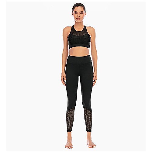 

Women's 2pcs Yoga Suit Patchwork Black Mesh Yoga Fitness Running Tights Bra Top Clothing Suit Sport Activewear Tummy Control Butt Lift Breathable Quick Dry Stretchy