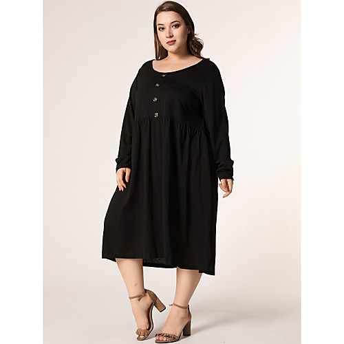 

Women's Swing Dress Midi Dress Black Long Sleeve Solid Color Button Print Fall Round Neck Elegant 2021 XL XXL 3XL 4XL / Plus Size