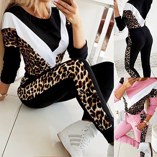 

Women's Sweatsuit 2 Piece Set Color Block Leopard Print Crew Neck Leopard Sport Athleisure Clothing Suit Long Sleeve Comfortable Everyday Use Causal Casual Daily / Winter
