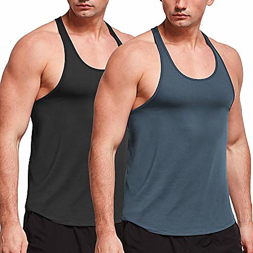 

men's muscle tank tops y-back workout running sleeveless shirts 2 pack black/grey small