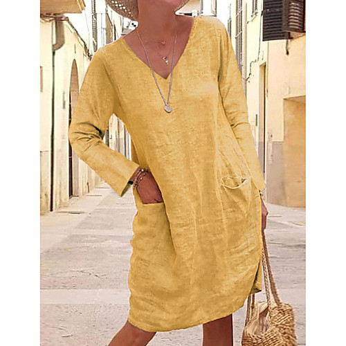 

Women's Shift Dress Knee Length Dress Black Yellow Khaki Gray Light Blue Long Sleeve Solid Color Fall V Neck Hot Casual 2021 S M L XL XXL 3XL 4XL 5XL