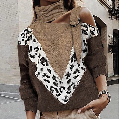 

Women's Basic Knitted Leopard Cheetah Print Pullover Long Sleeve Sweater Cardigans Turtleneck Fall Black Purple Blue