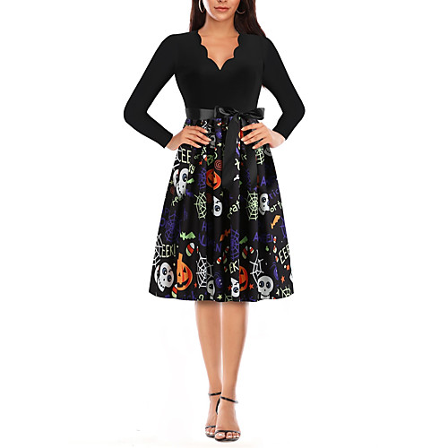 

Women's A Line Dress Knee Length Dress Black Short Sleeve Print Patchwork Print Fall Summer V Neck Hot Elegant Casual Halloween 2021 S M L XL XXL 3XL