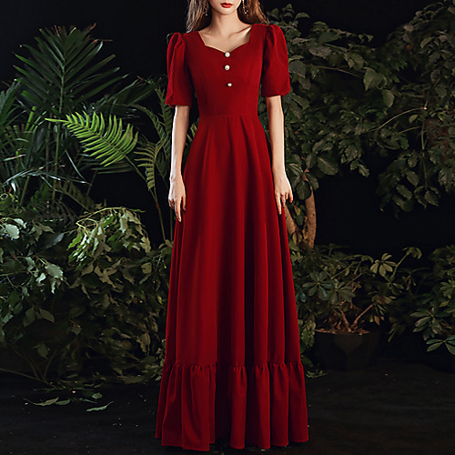 

A-Line Minimalist Vintage Wedding Guest Formal Evening Dress Sweetheart Neckline Short Sleeve Floor Length Spandex with Buttons 2021