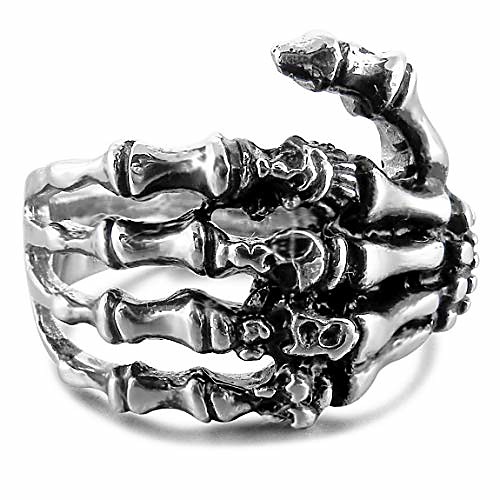 

men's stainless steel ring band silver tone black skull hand bone size15