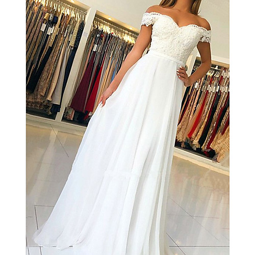 

A-Line Beautiful Back Sexy Engagement Formal Evening Dress Off Shoulder Sleeveless Sweep / Brush Train Chiffon Charmeuse with Pleats 2021