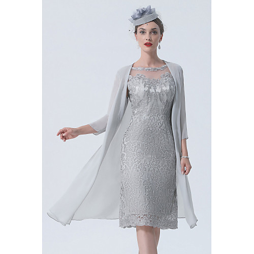 

Two Piece Mother of the Bride Dress Plus Size Vintage Sexy Jewel Neck Tea Length Chiffon 3/4 Length Sleeve with Lace 2021