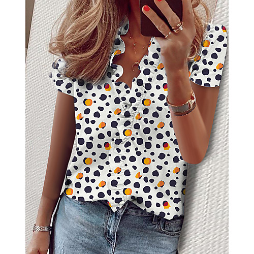 

Women's Blouse Shirt Polka Dot Graphic Prints Long Sleeve Ruffle Print V Neck Tops Basic Basic Top White Black