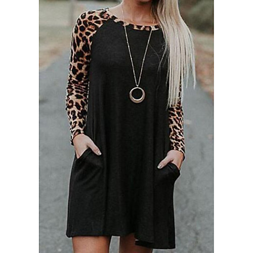 

Women's Shift Dress Maxi long Dress Black Long Sleeve Leopard Patchwork Print Fall Spring Round Neck Sexy 2021 S M L XL