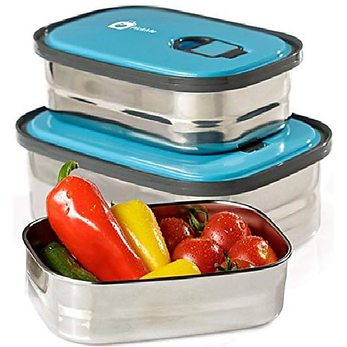 

bento lunch box food container storage set 3 in 1. leak proof stainless steel can with lids. healthy takeaway - kids - adults for outdoor meals. (blue)