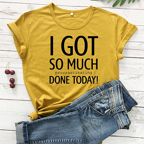 

Women's T shirt Graphic Text Letter Print Round Neck Tops 100% Cotton Basic Basic Top White Yellow Wine