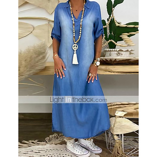 

Women's Denim Dress Maxi long Dress Blue Half Sleeve Solid Color Summer V Neck Casual Loose 2021 M L XL XXL 3XL / Plus Size / Plus Size