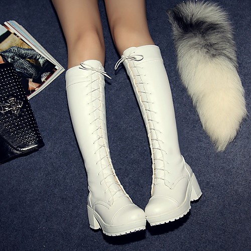 

Women's Boots Block Heel Boots Riding Boots Wedge Heel Round Toe Knee High Boots Casual Daily PU Solid Colored White Black