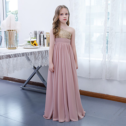 

A-Line One Shoulder Floor Length Chiffon / Sequined Junior Bridesmaid Dress with Pleats