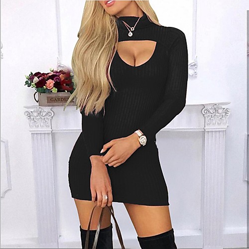 

Women's Sweater Jumper Dress Short Mini Dress Black Wine Dark Gray Navy Blue Long Sleeve Solid Color Patchwork Fall Round Neck Sexy 2021 S M L XL XXL