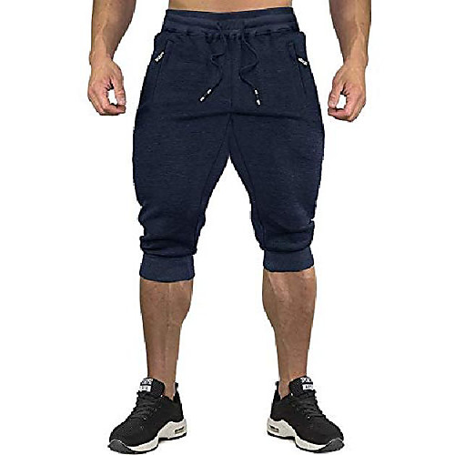 

men's 3/4 capri pants jogger running workout shorts zipper pockets blue