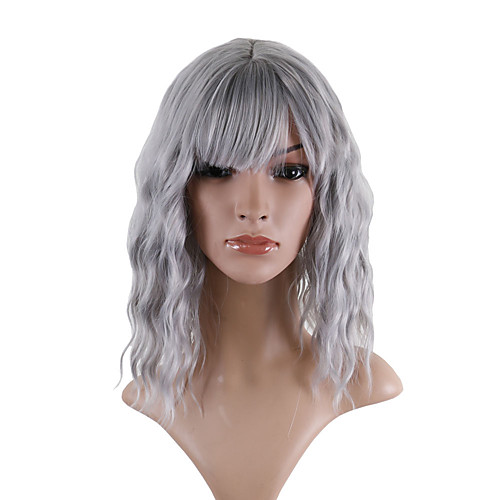 

Synthetic Wig Loose Curl Asymmetrical With Bangs Wig Medium Length Grey Synthetic Hair 14 inch Women's Fashionable Design Romantic Fluffy Gray
