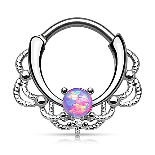 

stainless steel lacey single opal 16g septum clicker ring - choose blue, white, pink or purple synthetic opal (purple)