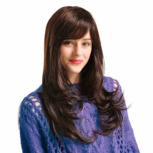 

Human Hair Blend Wig Long Curly With Bangs Brown Party Women New Arrival Capless Women's Chestnut Brown