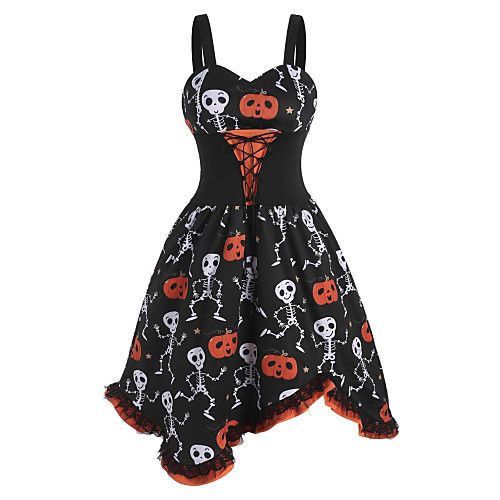 

Women's Halloween A Line Dress Knee Length Dress Black Sleeveless Pumpkin Skulls Skeleton Print Lace Patchwork Bow Summer V Neck Hot Vintage 2021 S M L XL XXL 3XL