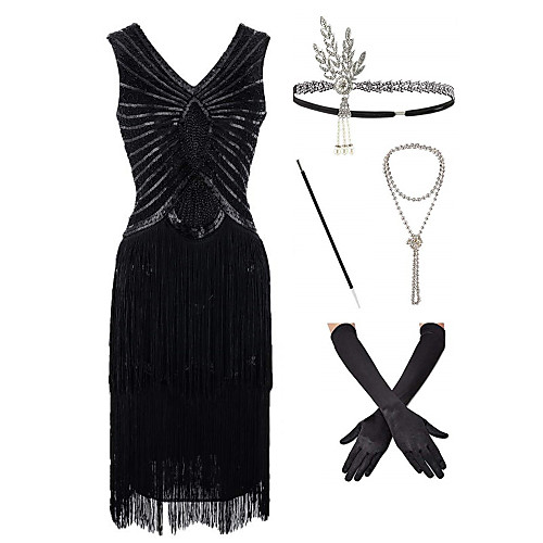 

The Great Gatsby 1920s Vintage Vacation Dress Flapper Dress Outfits Masquerade Prom Dress Women's Tassel Fringe Costume Black Vintage Cosplay Party Prom / Gloves / Headwear / Necklace / Earrings