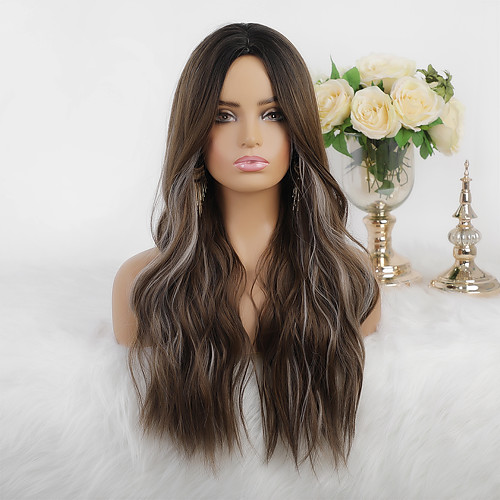 

Synthetic Wig Cosplay Wig Highlighted Hair Natural Wave Silky Wavy Middle Part Wig Long Dark Brown Synthetic Hair 26 inch Women's Heat Resistant New Arrival Highlighted / Balayage Hair Brown Mixed