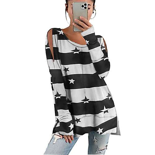 

Women's Tunic Star Long Sleeve Cut Out Print Round Neck Tops Loose Basic Basic Top Black Purple Red