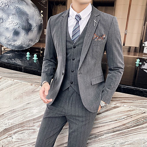 

Black / Gray Solid Colored Slim Fit Polyester Suit - Peak Single Breasted One-button / Suits