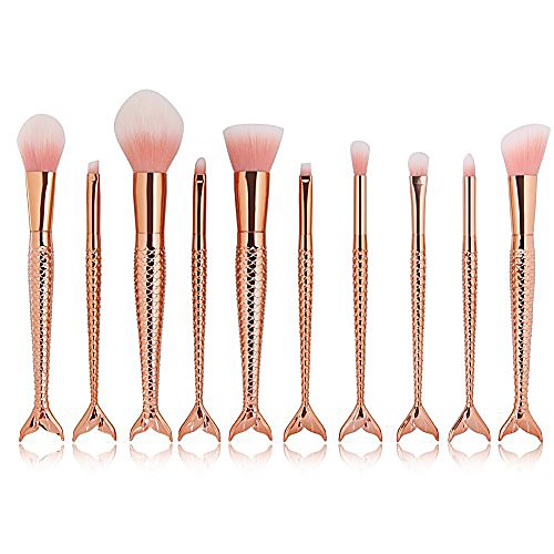 

coshine 10pcs rose gold unique mermaid makeup brush set, synthetic hair with plastic handle cosmetic brushes