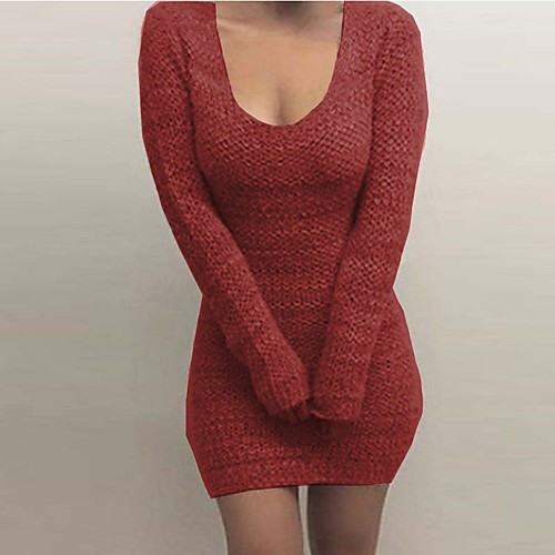 

Women's Sweater Jumper Dress Short Mini Dress Black Wine Gray Long Sleeve Solid Color Patchwork Fall Spring Square Neck Hot Casual 2021 S M L XL XXL