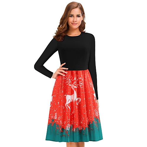 

Women's Sheath Dress Knee Length Dress Red Long Sleeve Print Patchwork Print Fall Spring Round Neck Casual 2021 L XL XXL 3XL 4XL 5XL / Plus Size