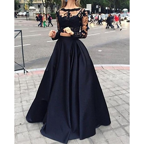 

Two Piece Sexy Floral Wedding Guest Formal Evening Dress Illusion Neck Long Sleeve Floor Length Lace Satin with Pleats Appliques 2021