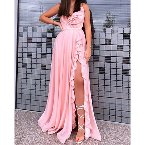 

A-Line Minimalist Sexy Wedding Guest Formal Evening Dress V Neck Sleeveless Sweep / Brush Train Stretch Satin with Pleats Ruffles Split 2021