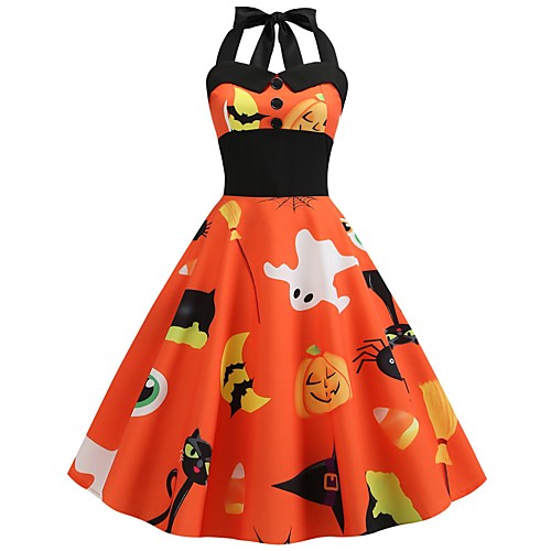 

Women's Halloween A Line Dress Knee Length Dress White Black Blue Orange Sleeveless Cat Pumpkin Bat Print Backless Patchwork Button Summer Halter Neck Hot Vintage 2021 S M L XL XXL