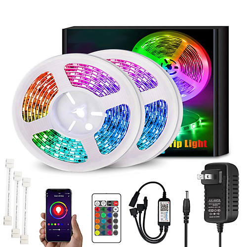 

Upgrade 65ft 2X10M Music Synchronous Dimming Intelligent App Control Waterproof 5050 RGB LED Light Strip with IR24 Key Bluetooth Controller or with DC12V Adapter Kit