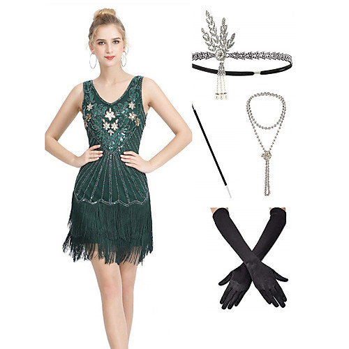 

The Great Gatsby 1920s Vintage Vacation Dress Flapper Dress Outfits Masquerade Prom Dress Women's Tassel Fringe Costume Dark Green Vintage Cosplay Party Prom / Gloves / Headwear / Necklace