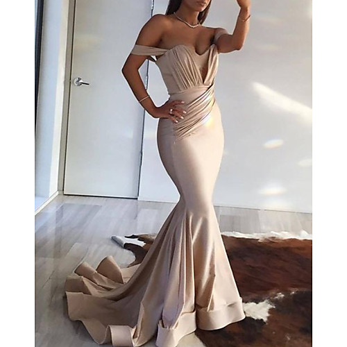 

Mermaid / Trumpet Minimalist Sexy Wedding Guest Formal Evening Dress Off Shoulder Sleeveless Court Train Spandex with Pleats Ruched 2021