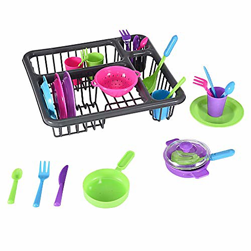 

kids kitchen pretend play dishes playset, kitchen wash & dry tableware dish rack toy with drainer toddler dishes and utensils dinnerware pretend play set (as show)